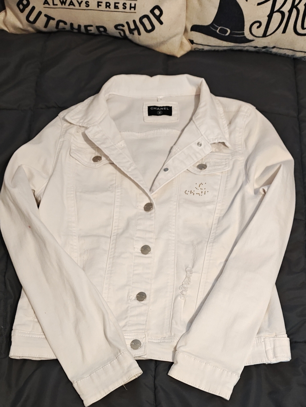 CHANEL Distressed White Denim Jean Jacket with Silver Buttons